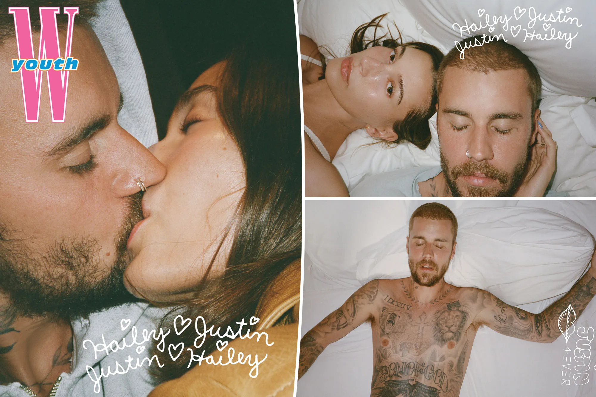 Collage of Justin and Hailey Bieber in various intimate poses, including kissing and lying in bed.