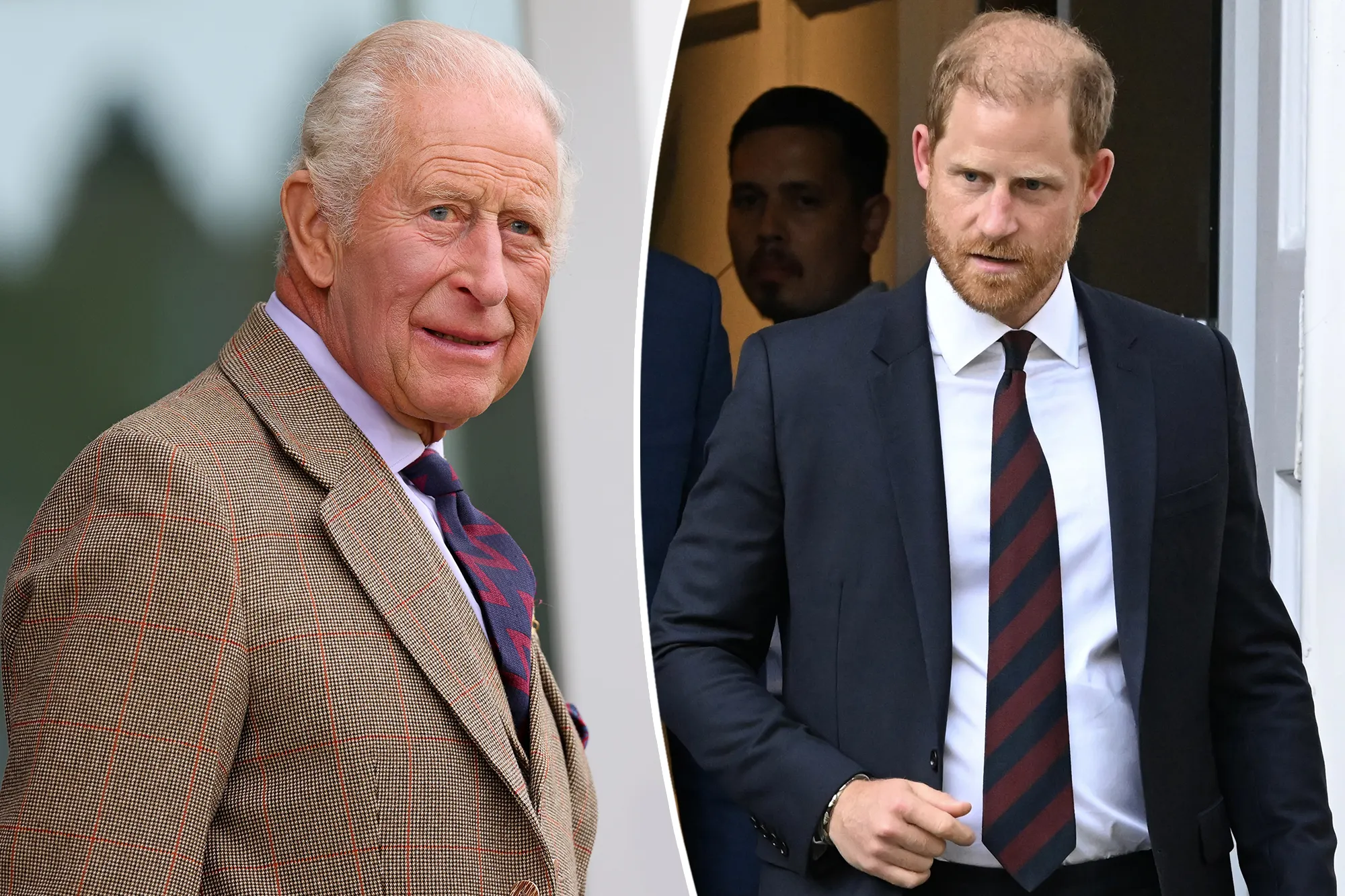 Collage of King Charles III on the left and Prince Harry on the right.