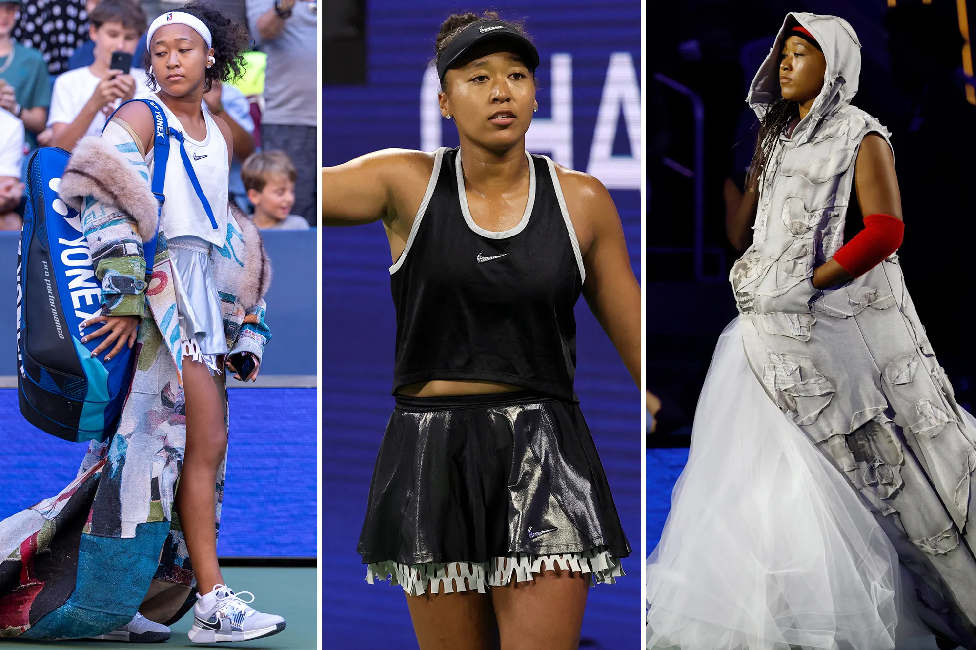 Naomi Osaka walking onto the tennis court in a custom fashion ensemble