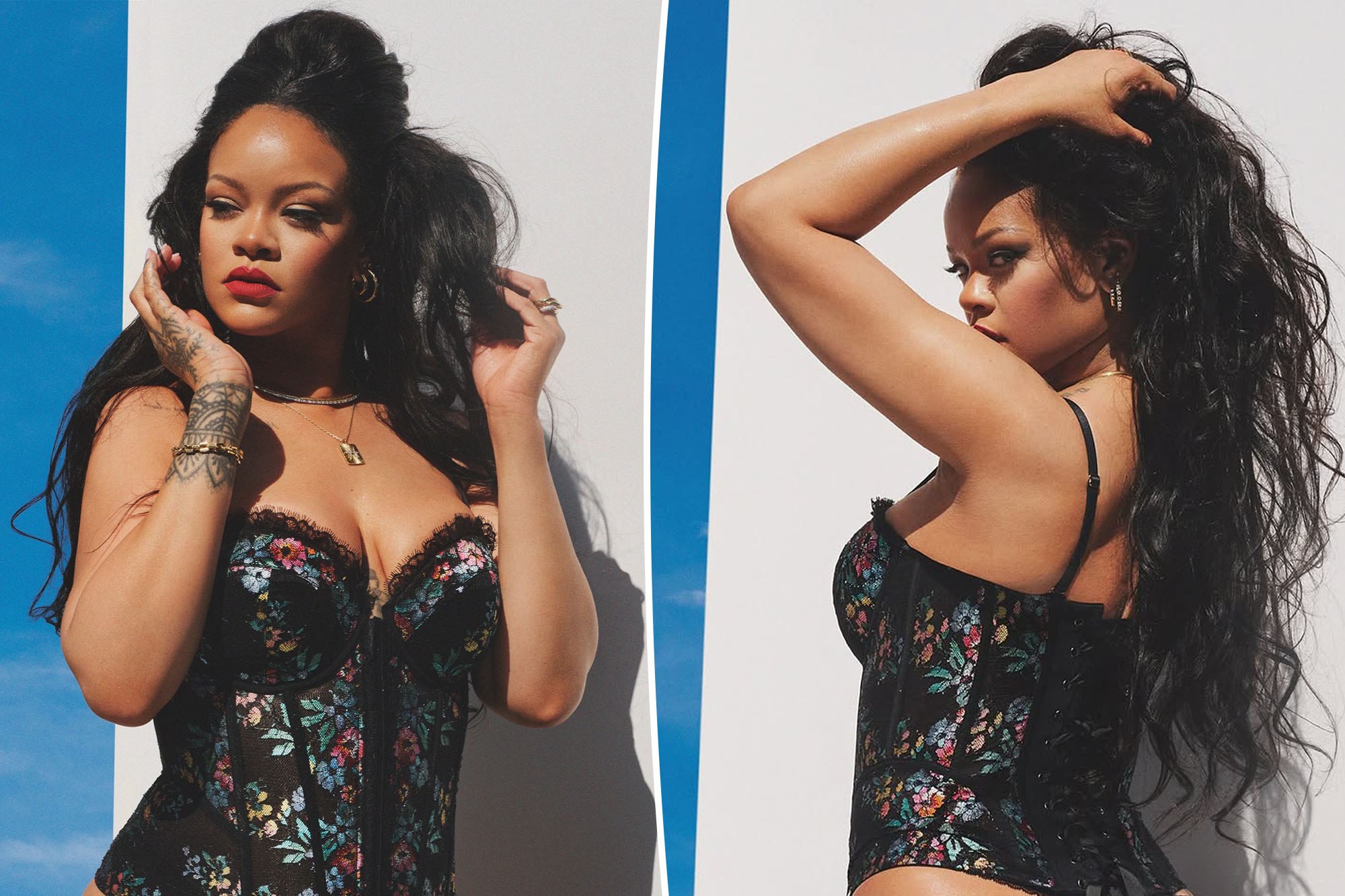 Collage of Rihanna posing in a black floral corset.