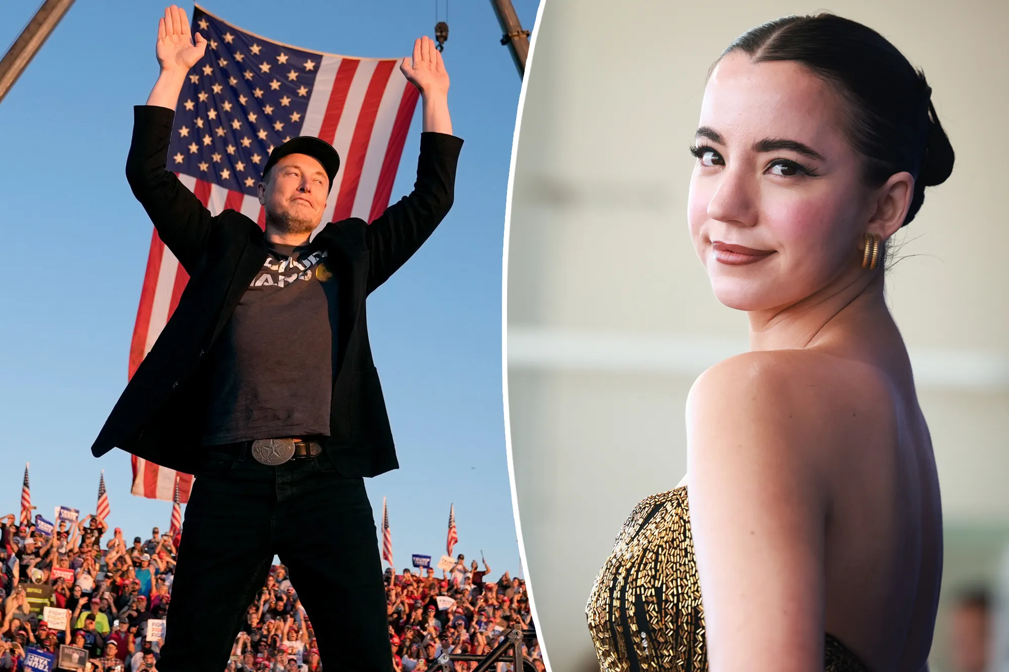 Collage of Elon Musk with his arms raised before an American flag and a woman in an ornate dress looking over her shoulder.
