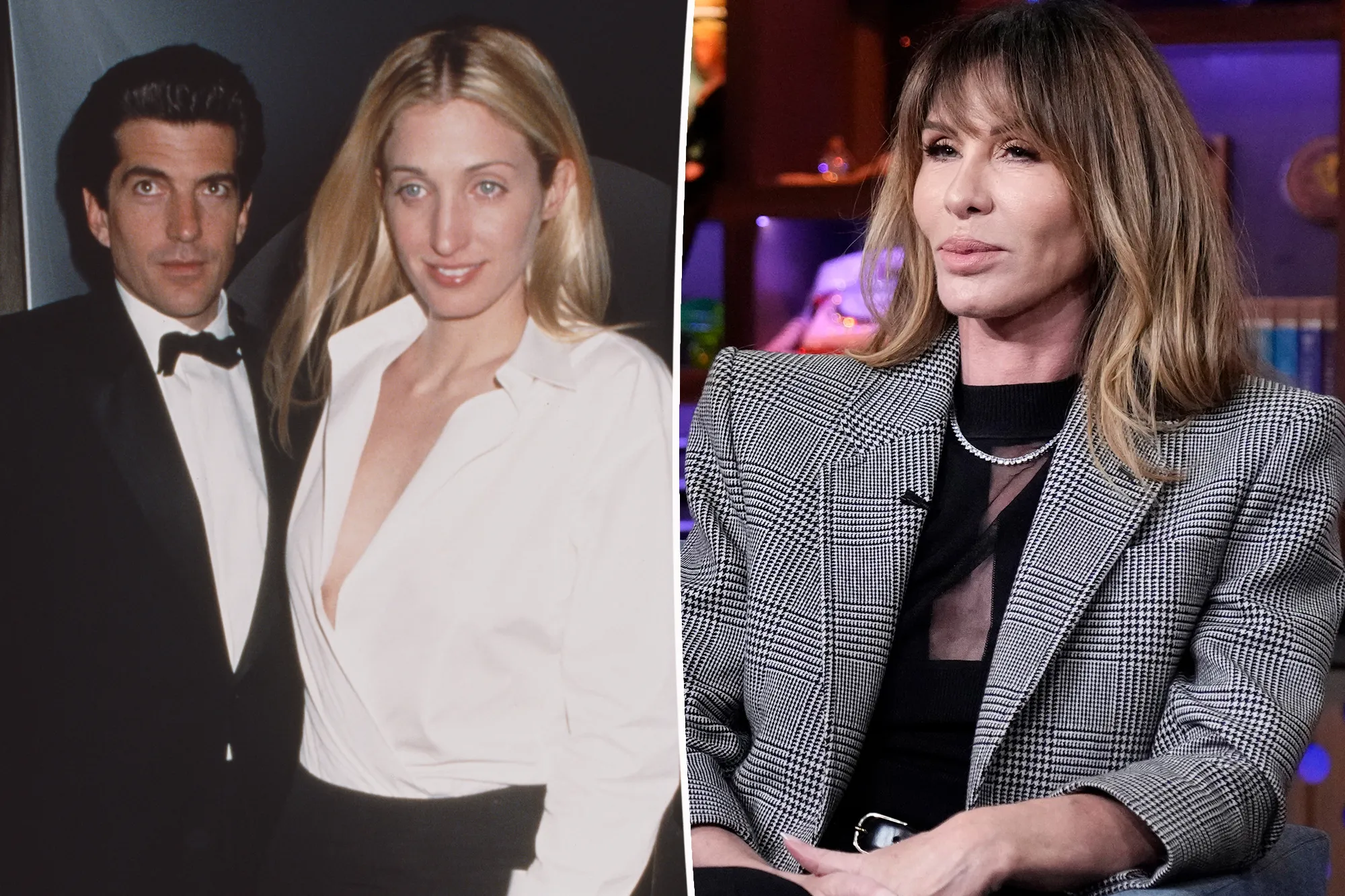 Collage of Carolyn Bessette-Kennedy with John F. Kennedy Jr. on the left, and a more recent photo of her on the right.