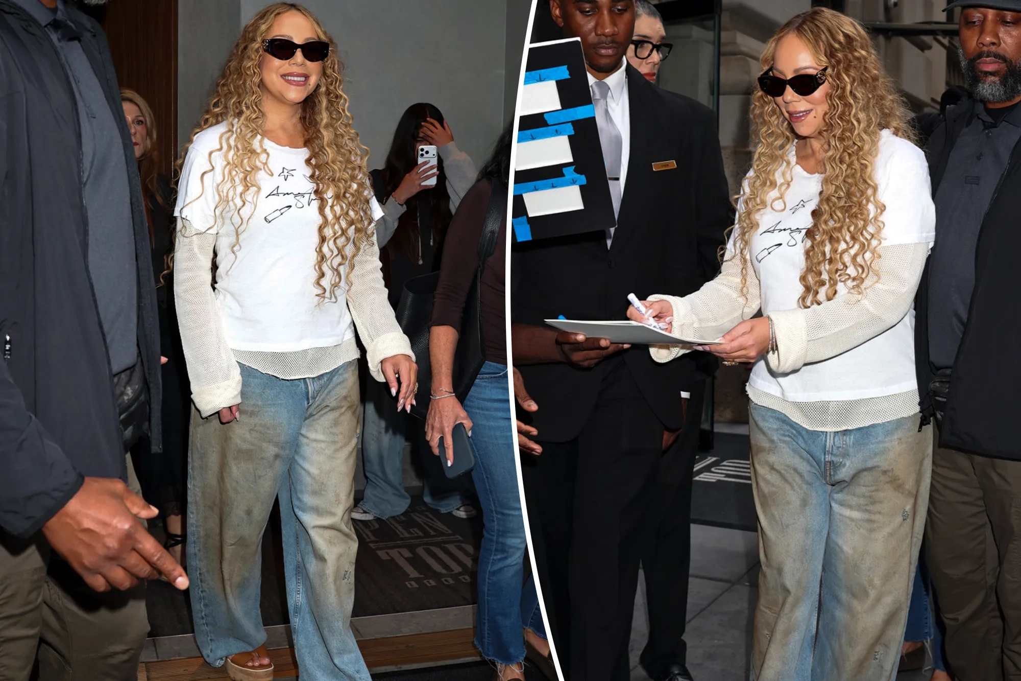 Collage of Mariah Carey signing autographs and walking amongst people.