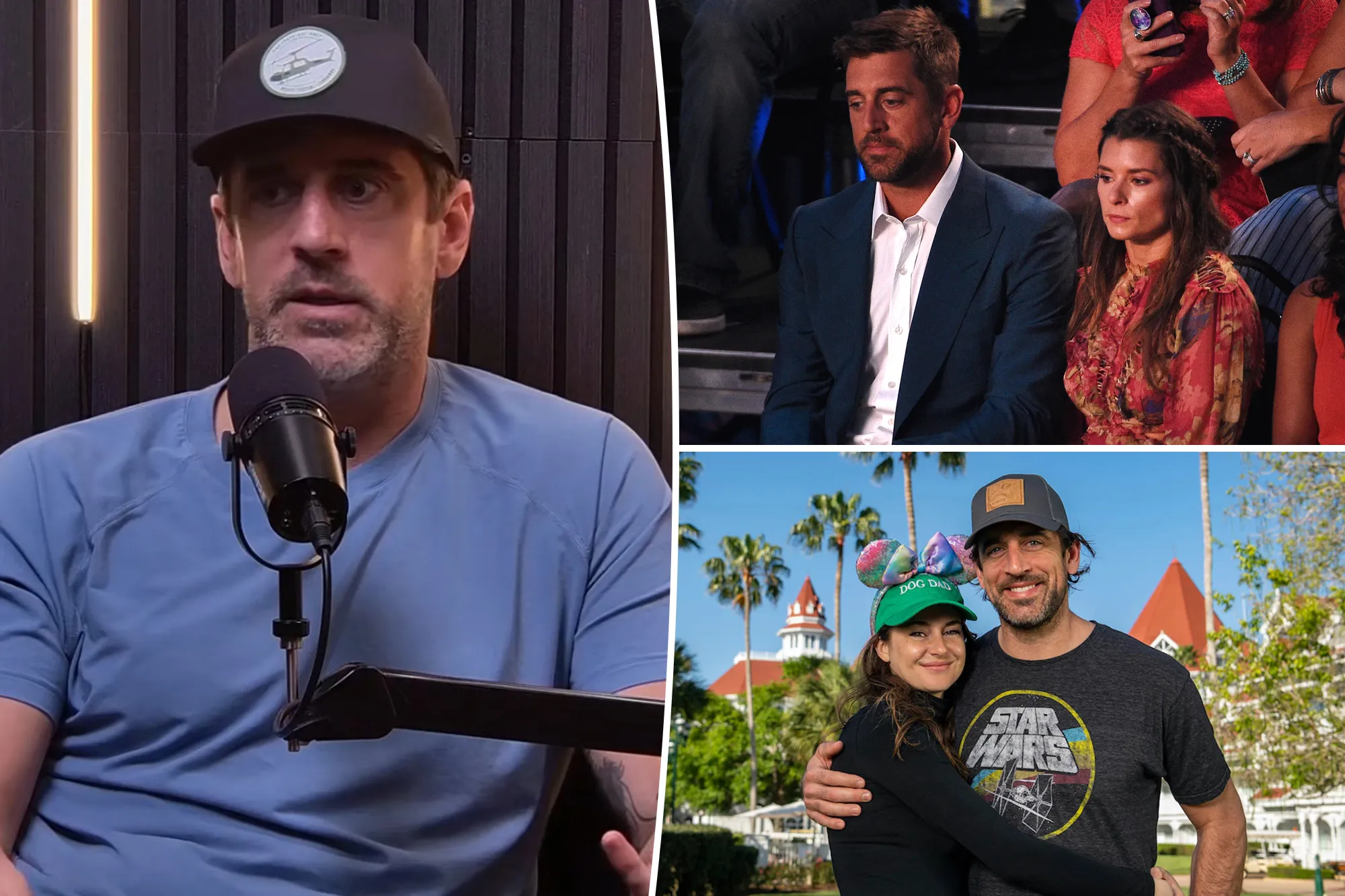 Collage of Aaron Rodgers and Shailene Woodley at different events.