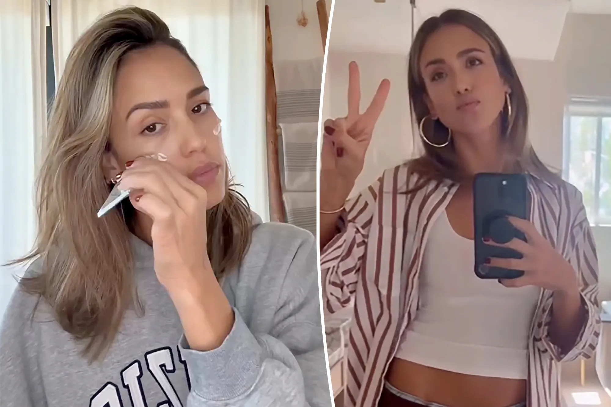 Jessica Alba posing at an event with natural, glowing makeup
