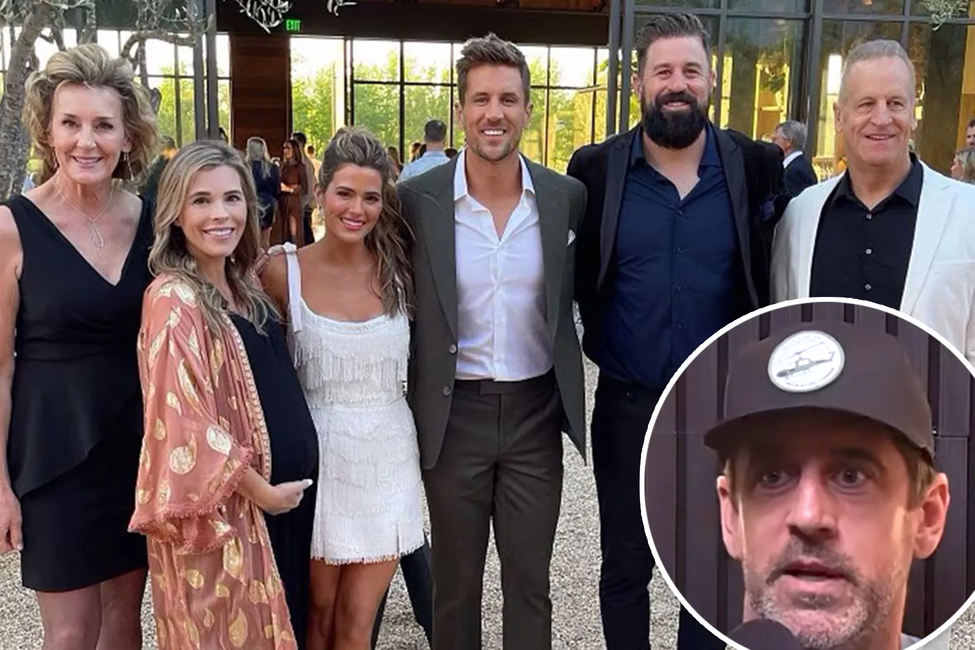 Collage of JoJo Fletcher and Jordan Rodgers with their families, and an inset of Aaron Rodgers.