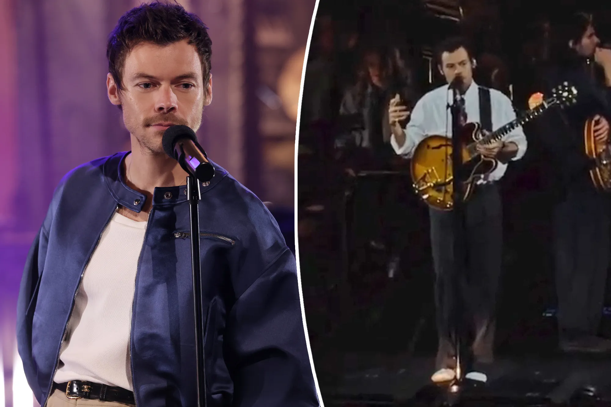 A split of two images of Harry Styles on stage