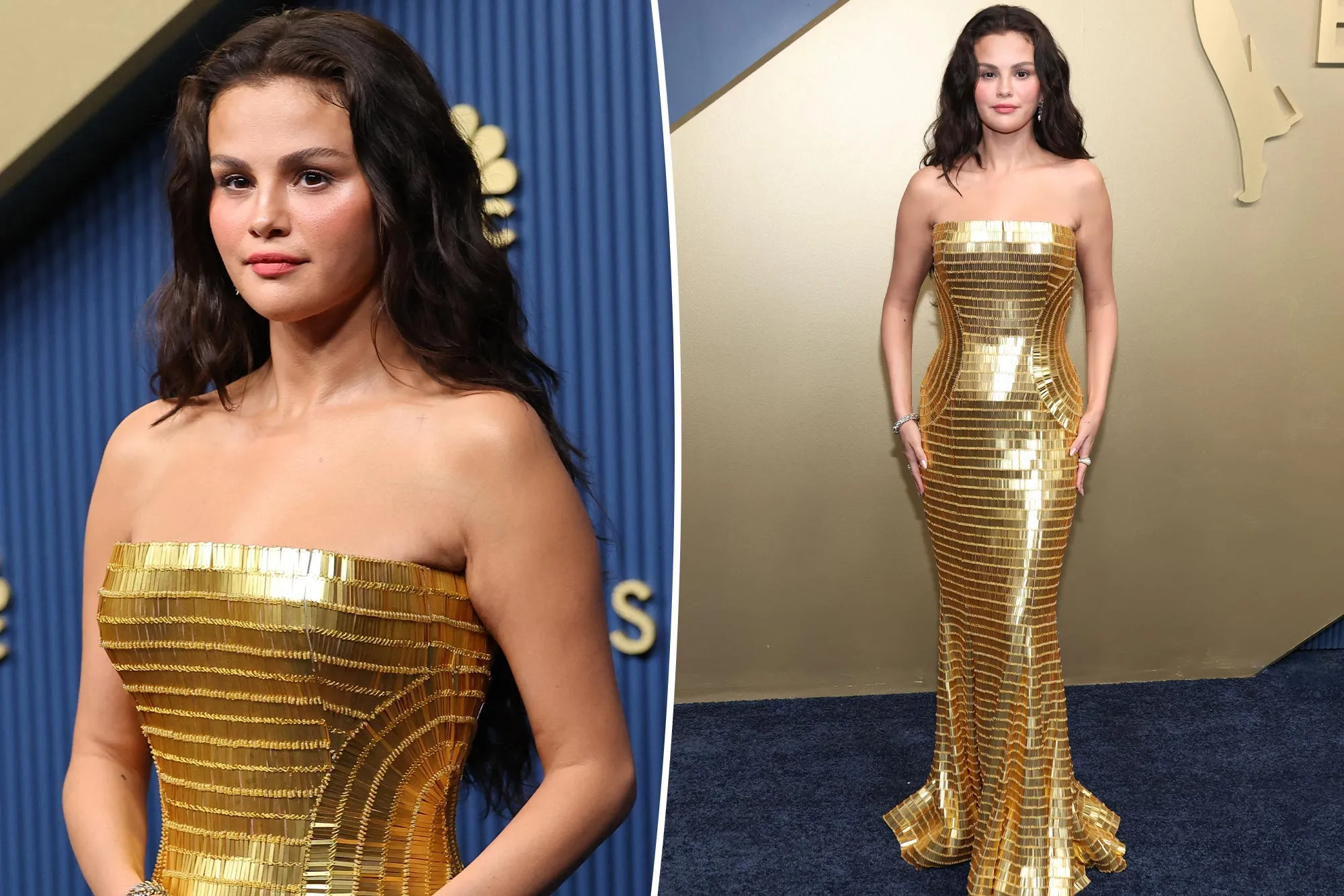 Selena Gomez wearing a beaded gold strapless gown on the Emmy Awards red carpet