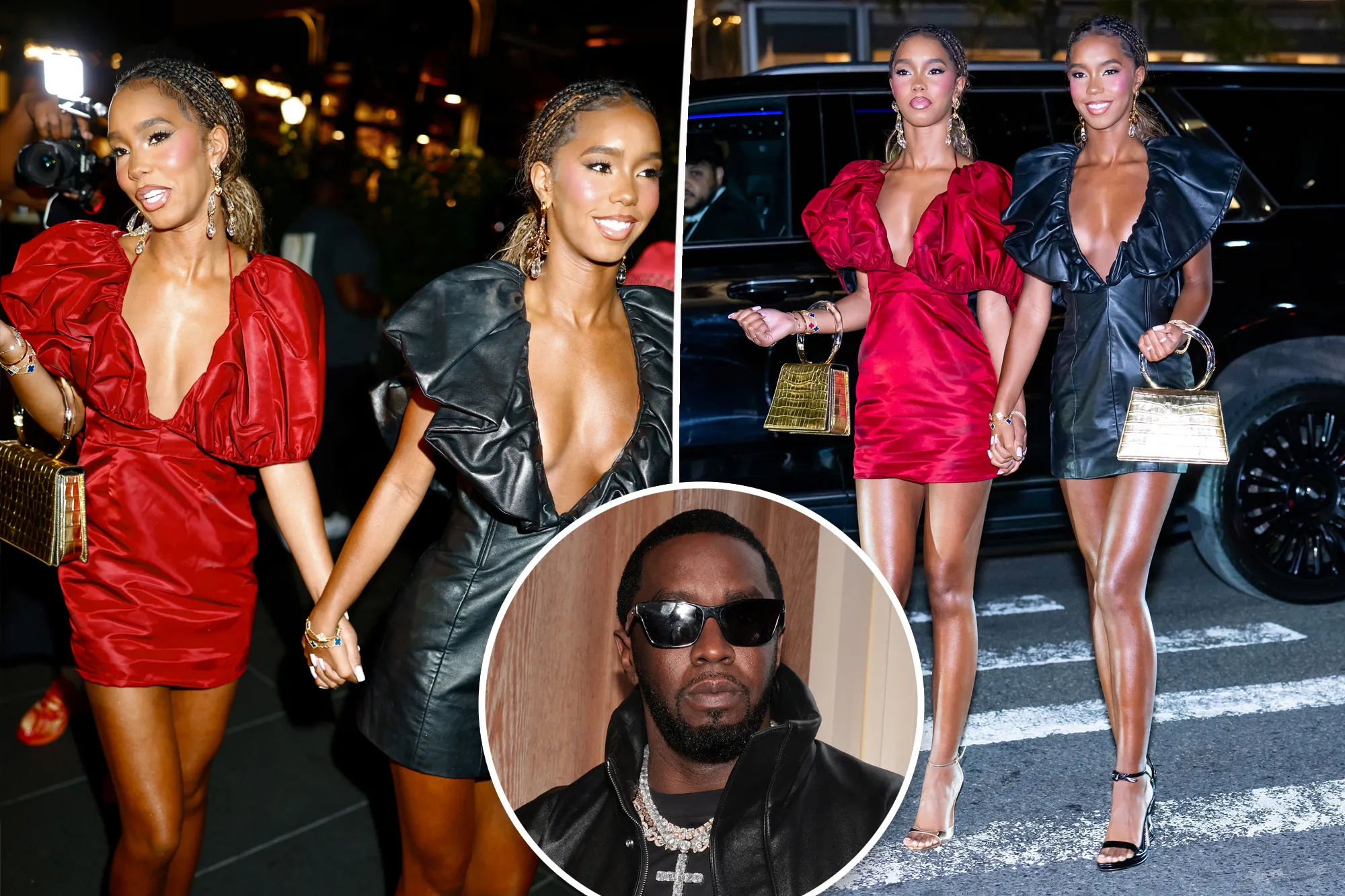 Collage of Diddy’s twin daughters, D’Lila and Jessie Combs, in mini-dresses, and a circular inset of Diddy.