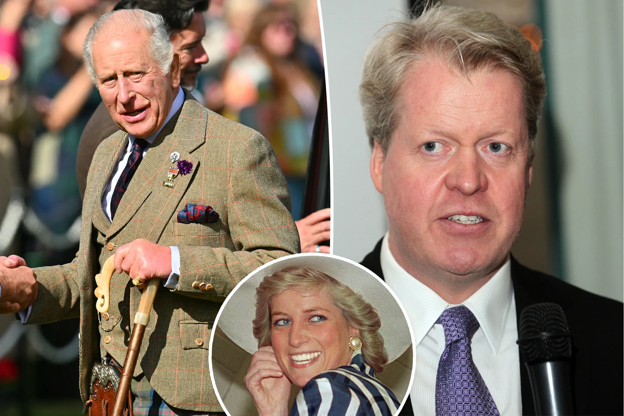 Collage of King Charles III, Charles Spencer, and Princess Diana.