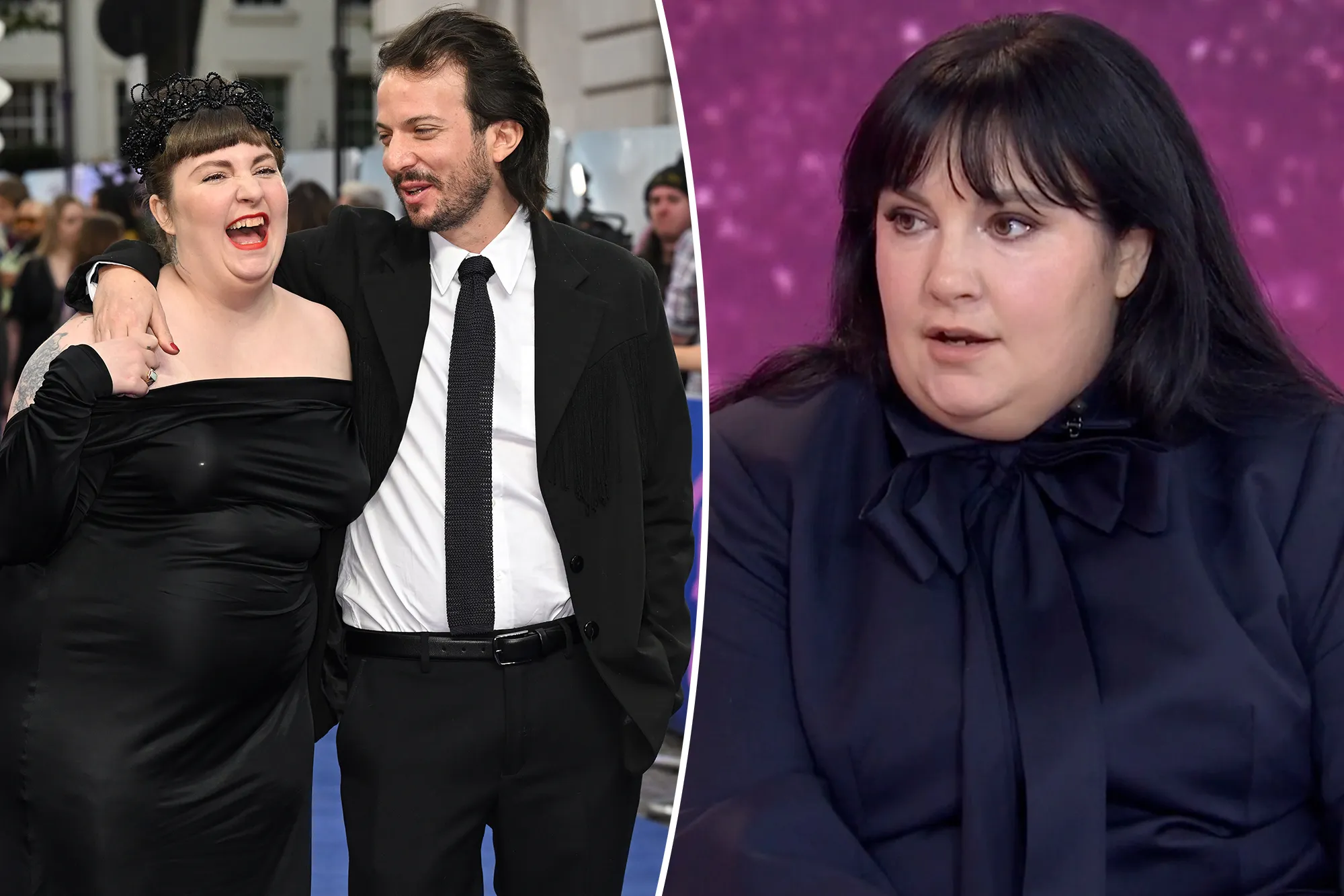 Lena Dunham posing on a red carpet in a black gown