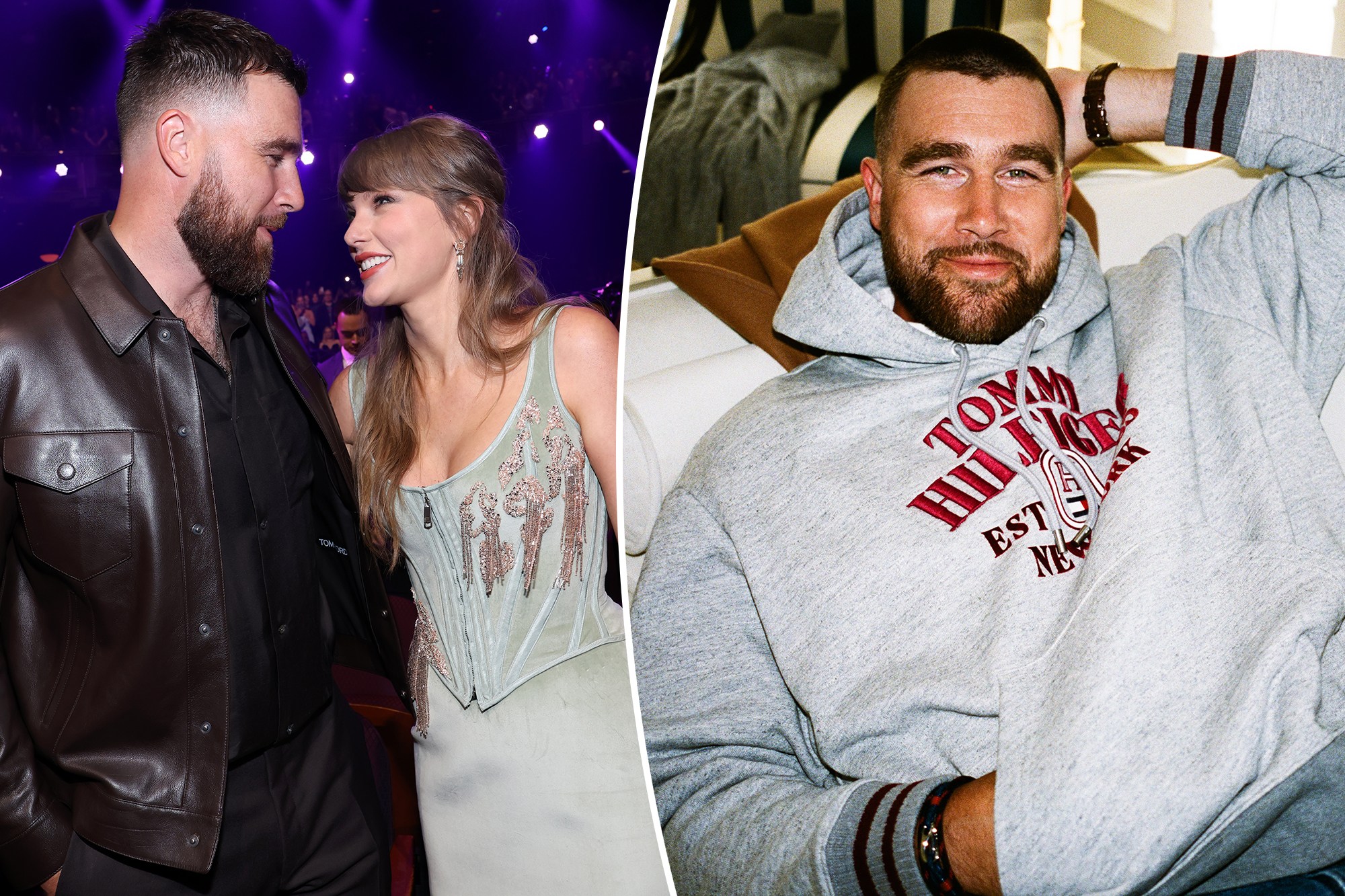 Travis Kelce and Taylor Swift smiling together at an event