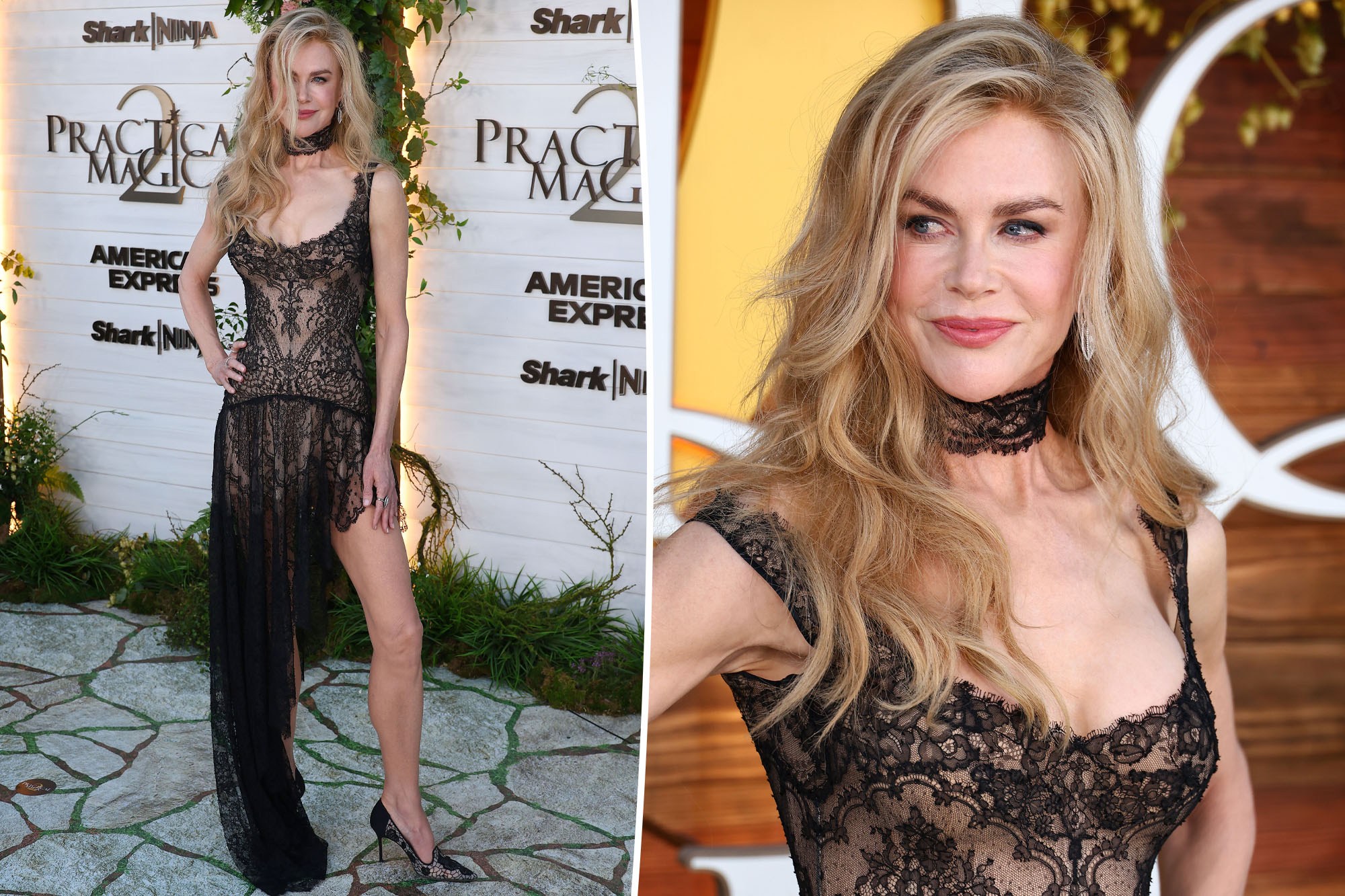 Collage of Nicole Kidman in a sheer black lace dress at a premiere.