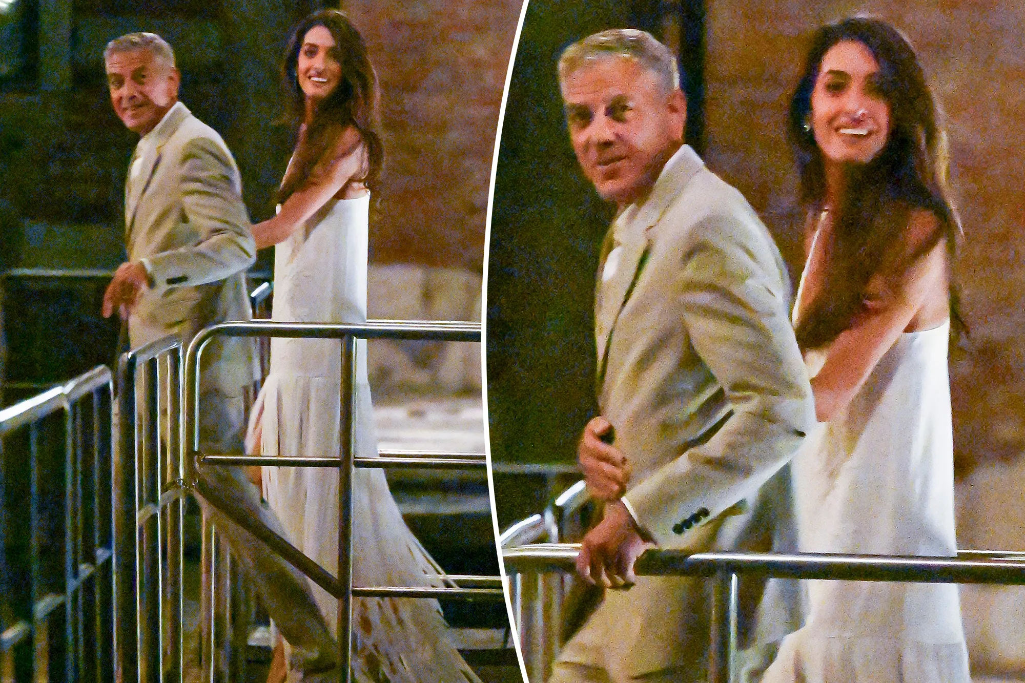 Amal Clooney wearing an all-white outfit while visiting her wedding venue in Venice