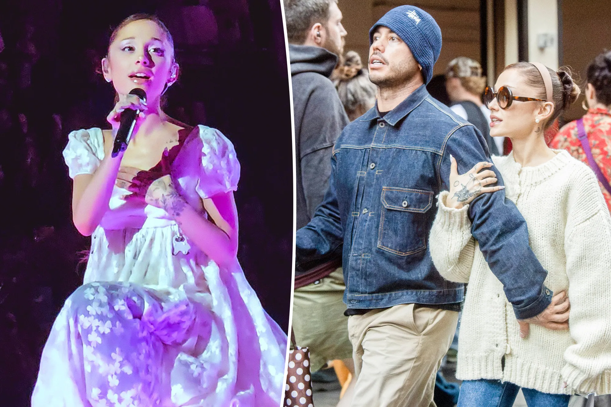 A split of Ariana Grande, and an image of Grande with Ricky Álvarez