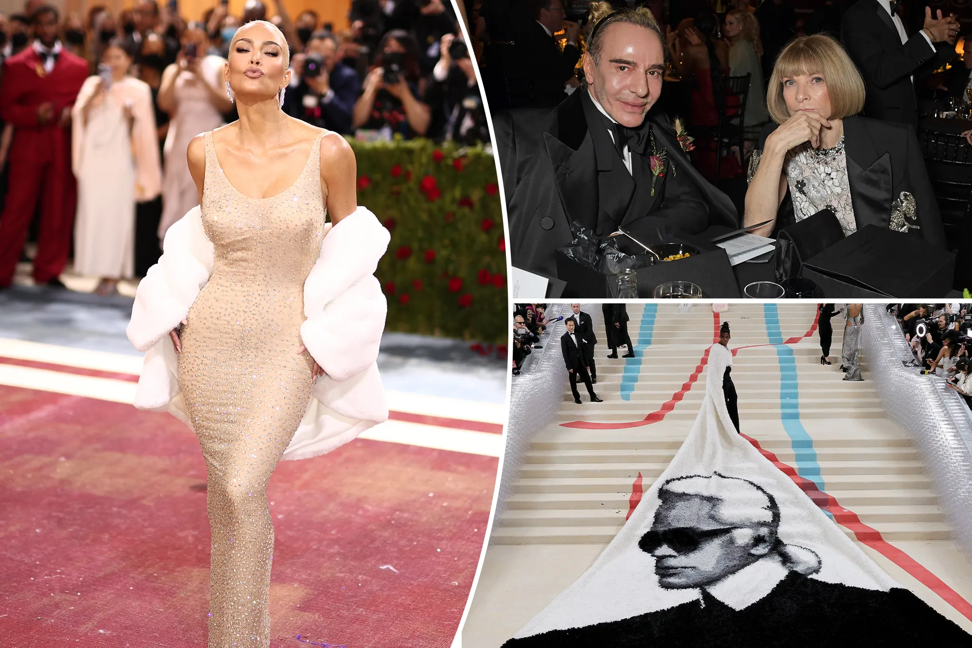 Collage of three images: Kim Kardashian posing in a shimmering gown and white fur wrap, John Galliano and Anna Wintour at a table, and Janelle Monáe in a large black and white gown with a Karl Lagerfeld image on its trai