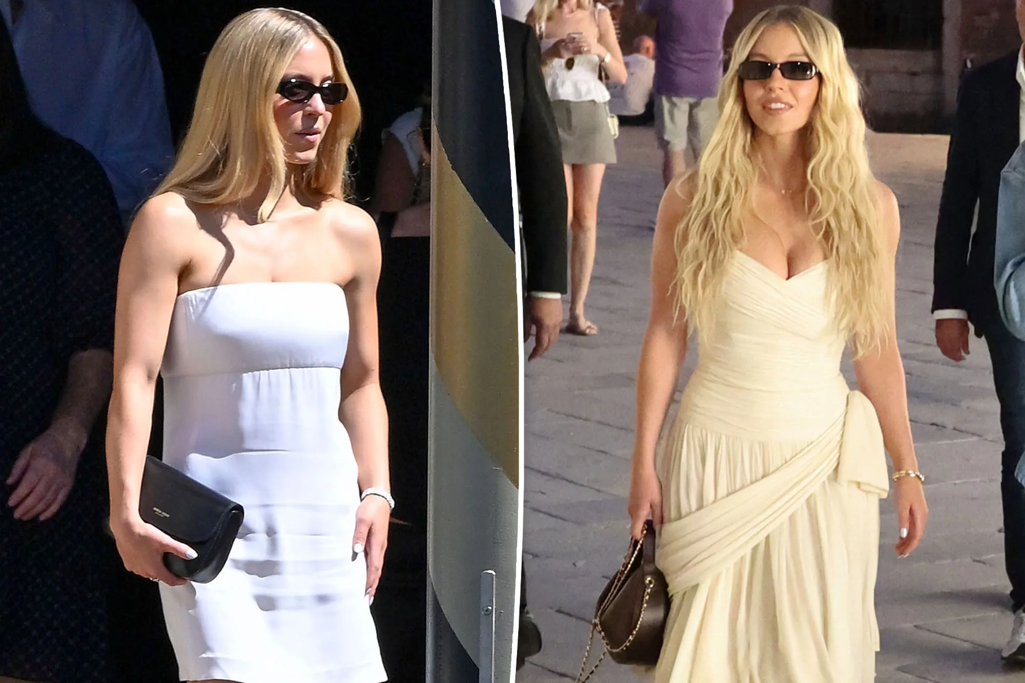 Collage of two full-body photos of Sydney Sweeney with long blonde hair, wearing a white strapless mini dress and a cream-colored gown.