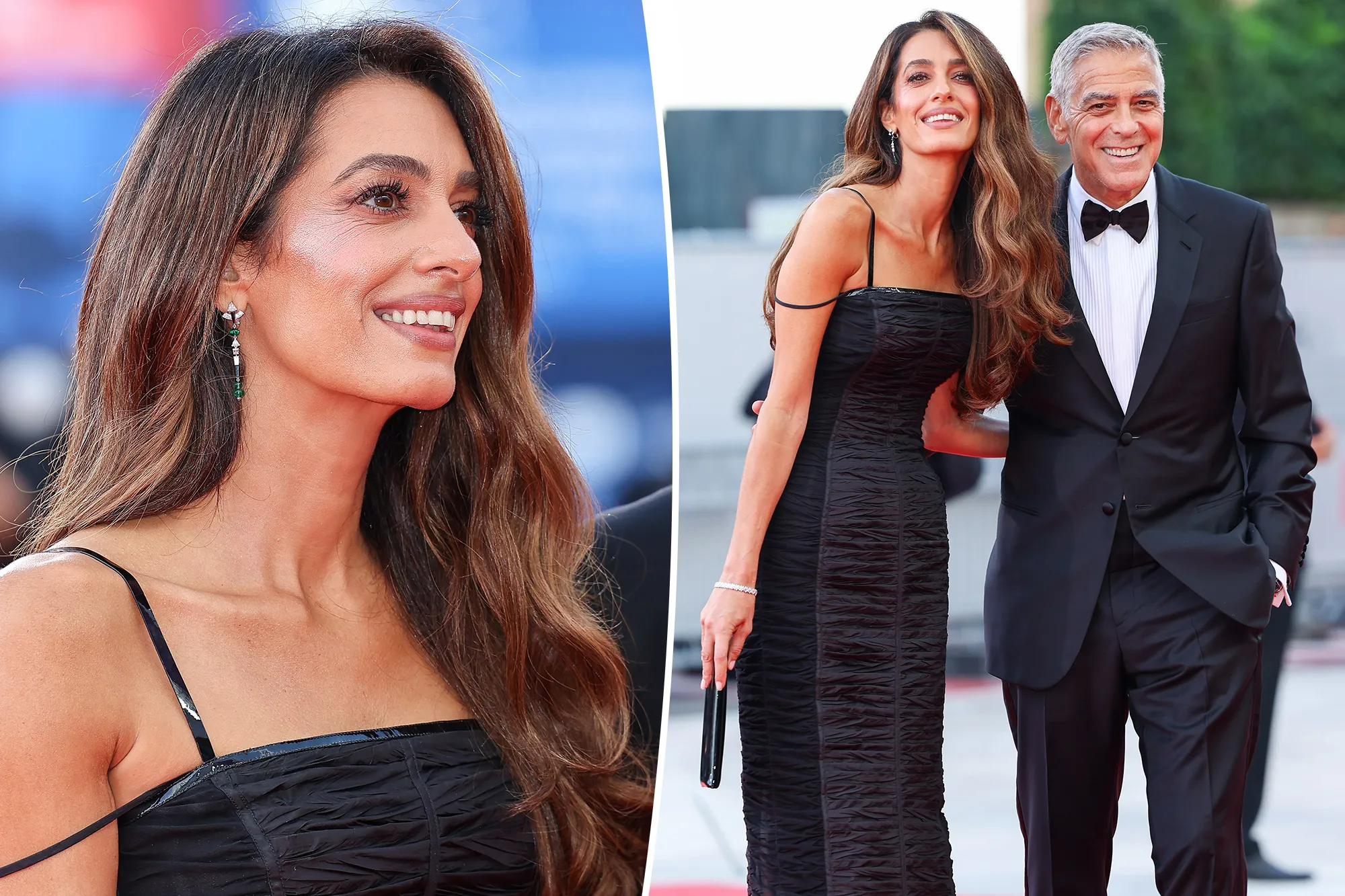 Amal Clooney wearing a black dress and diamond jewelry at the Venice Film Festival