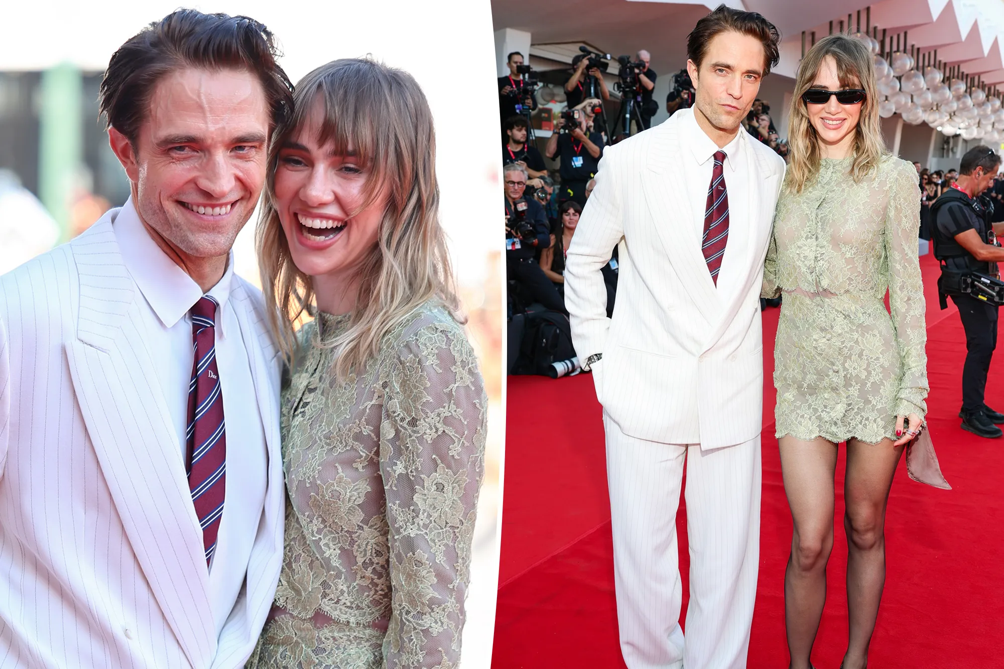 Robert Pattinson and Suki Waterhouse sharing a kiss at the Venice Film Festival