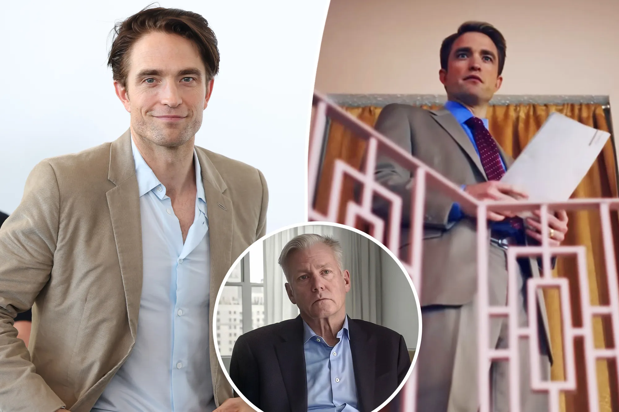 A split of Robert Pattinson at the Venice Film Festival, an image of Pattinson as Chris Hansen, and Hansen himself