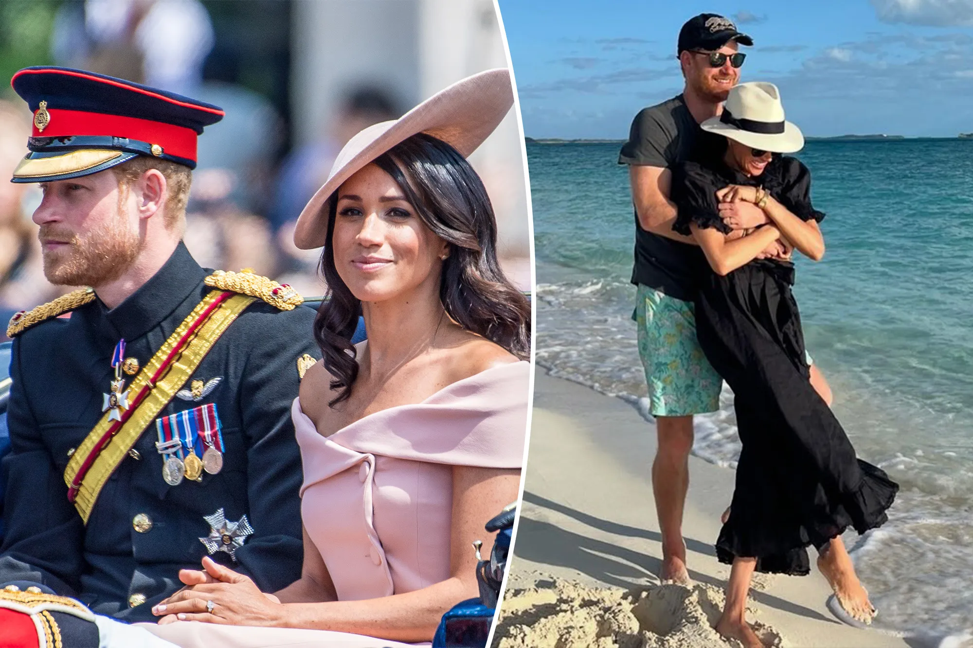 Prince Harry in military uniform and Meghan Markle in a pink dress and hat are pictured sitting in a carriage, next to a photo of Prince Harry embracing Meghan Markle on a beach.