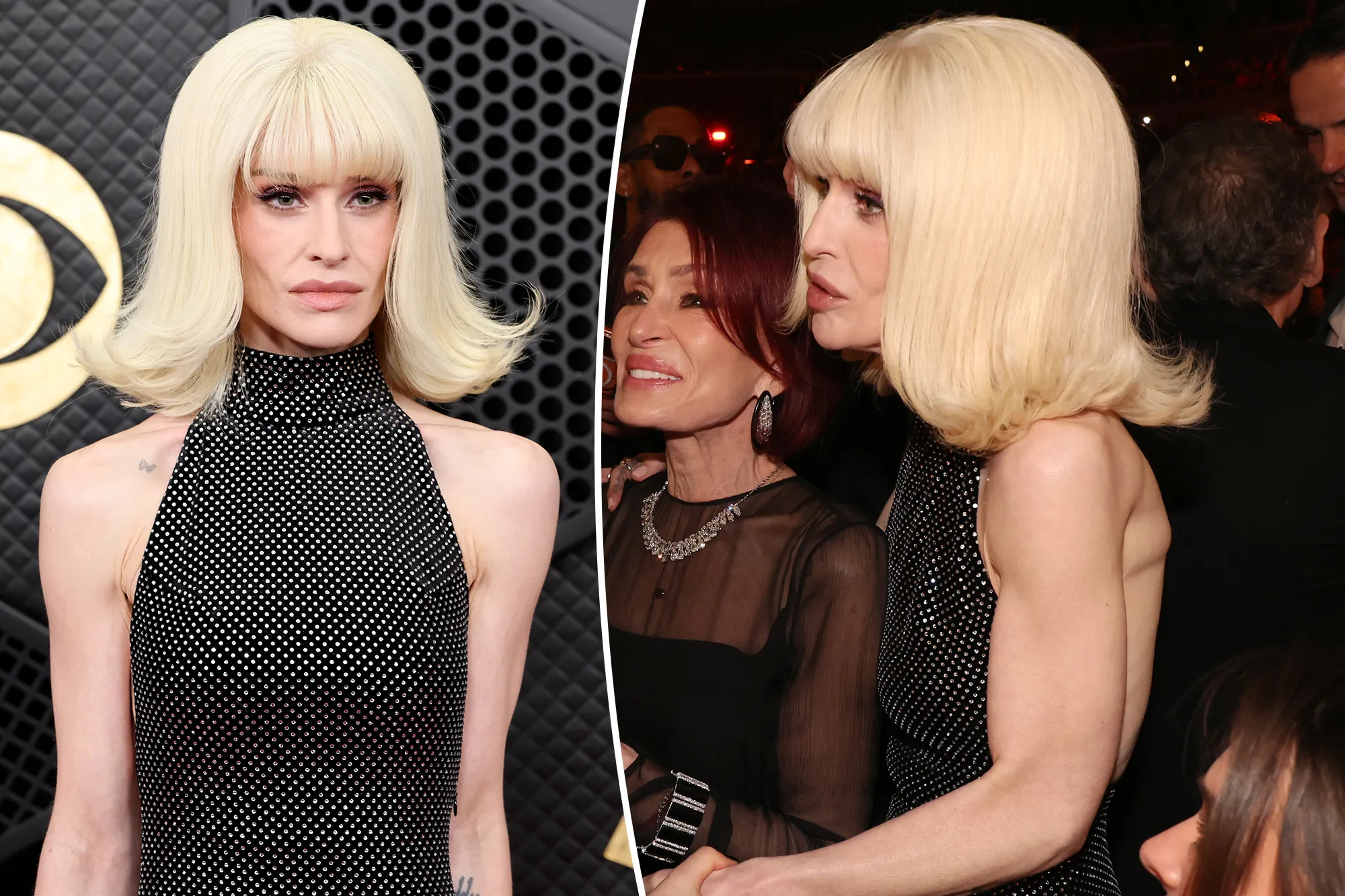 Collage of Sam Smith in a black halter dress and blonde wig, and Smith posing with Sharon Osbourne.