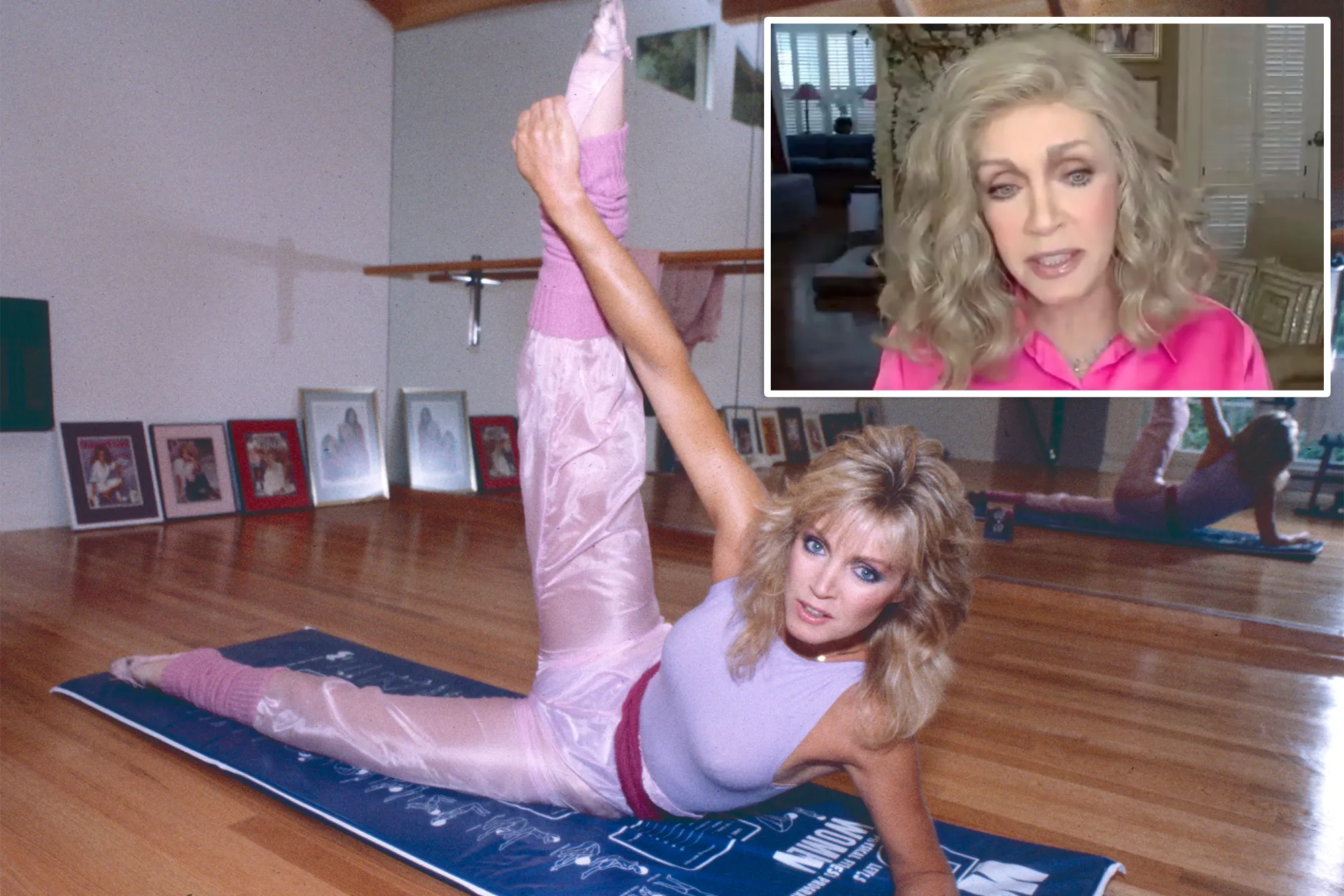 Collage of a woman stretching on a mat and a video call with an older woman.