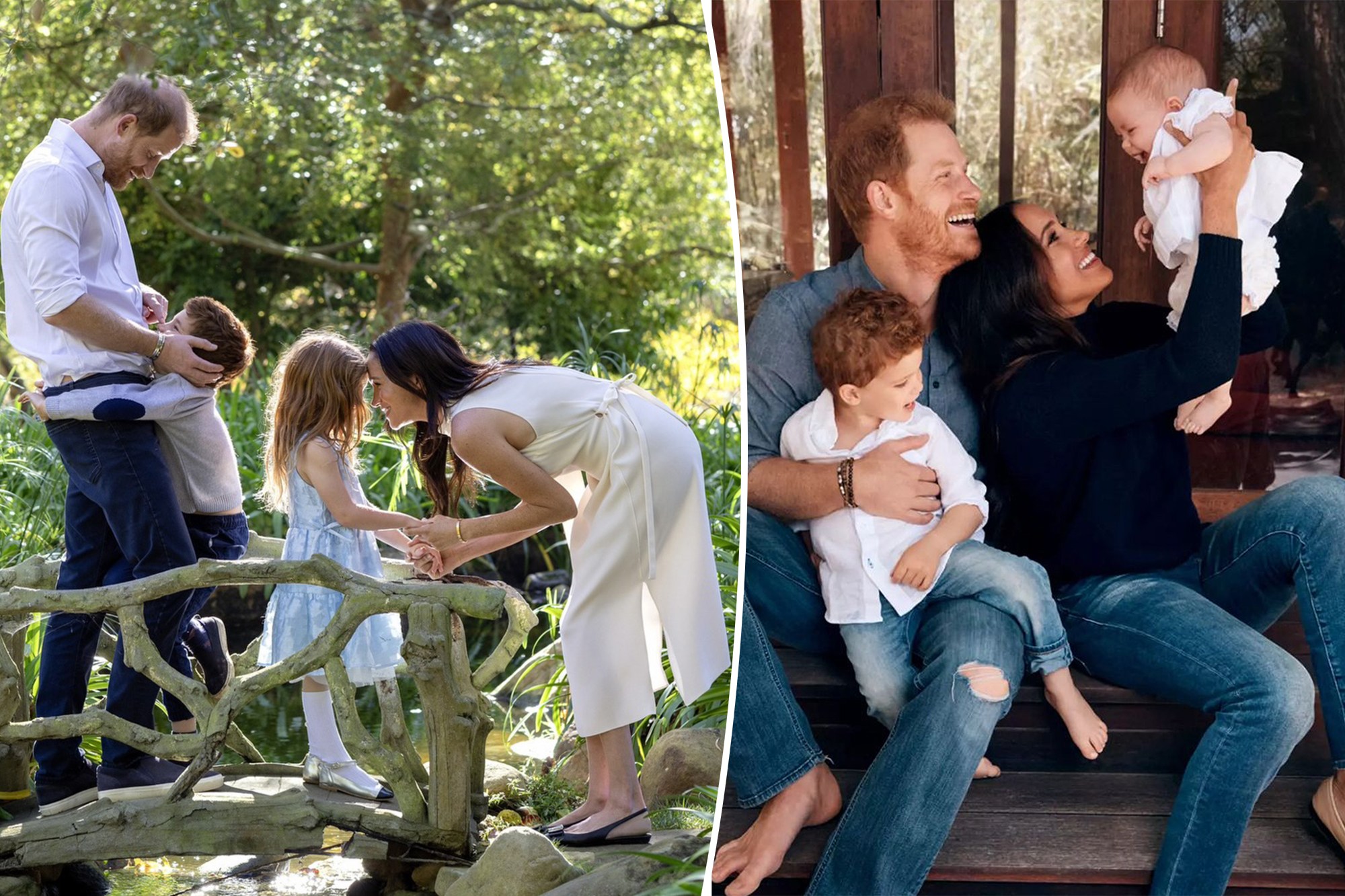 Collage of Prince Harry and Meghan Markle with their two children, one photo outdoors and another indoors.