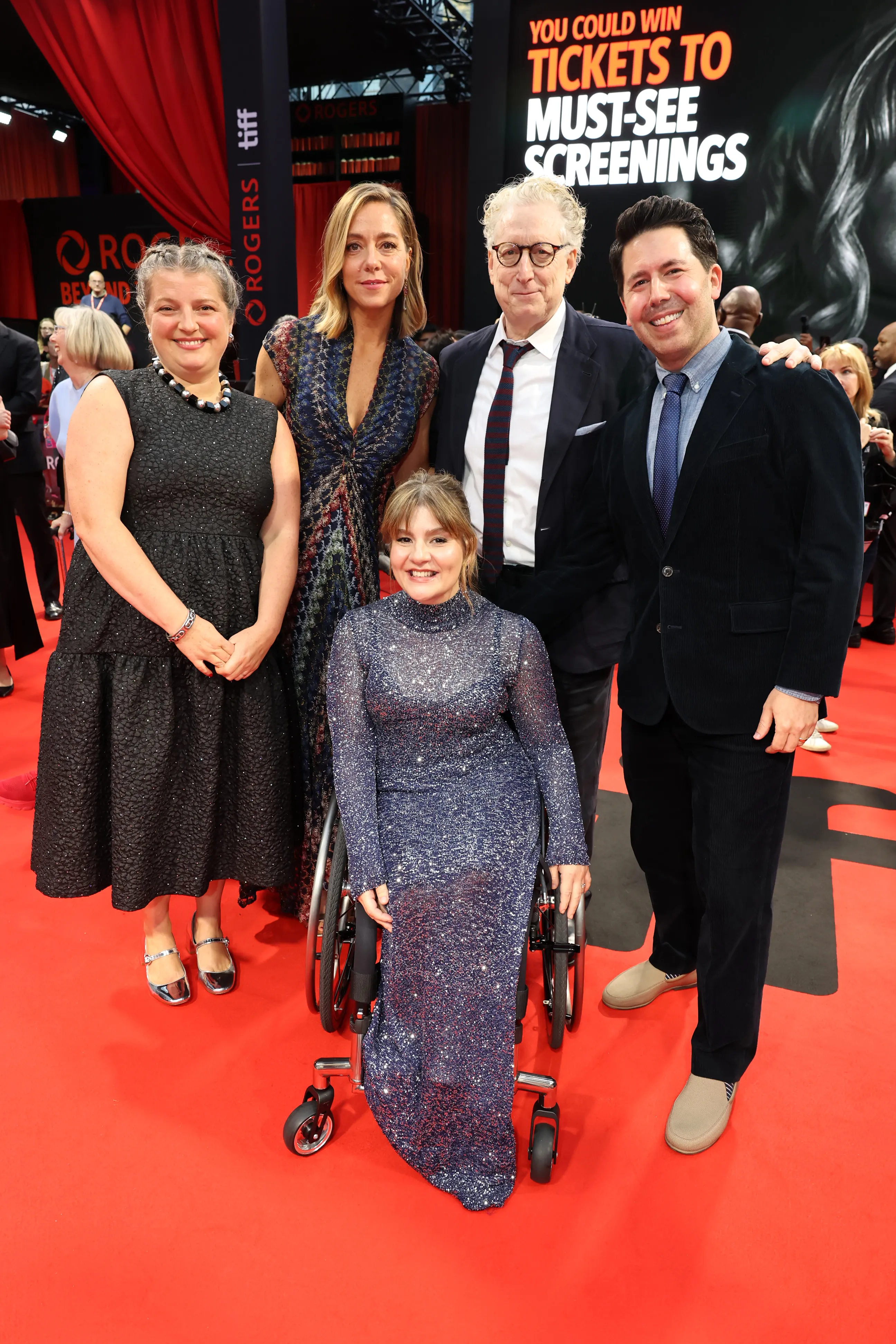 Amelia McCarthy, Sian Heder, Ruth Madeley, Bernard Telsey, and Adam Caldwell pose at the "Being Heumann" premiere.