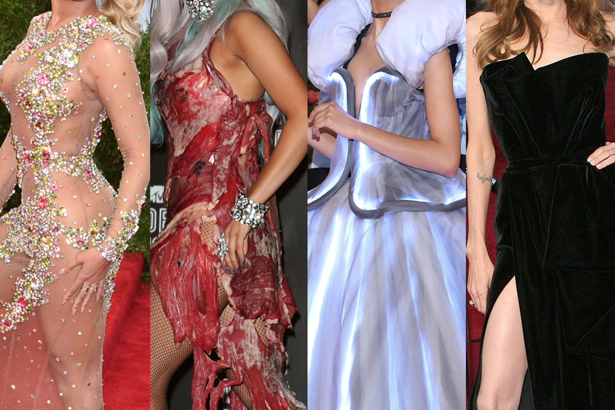 Lady Gaga wearing her raw meat dress on a red carpet