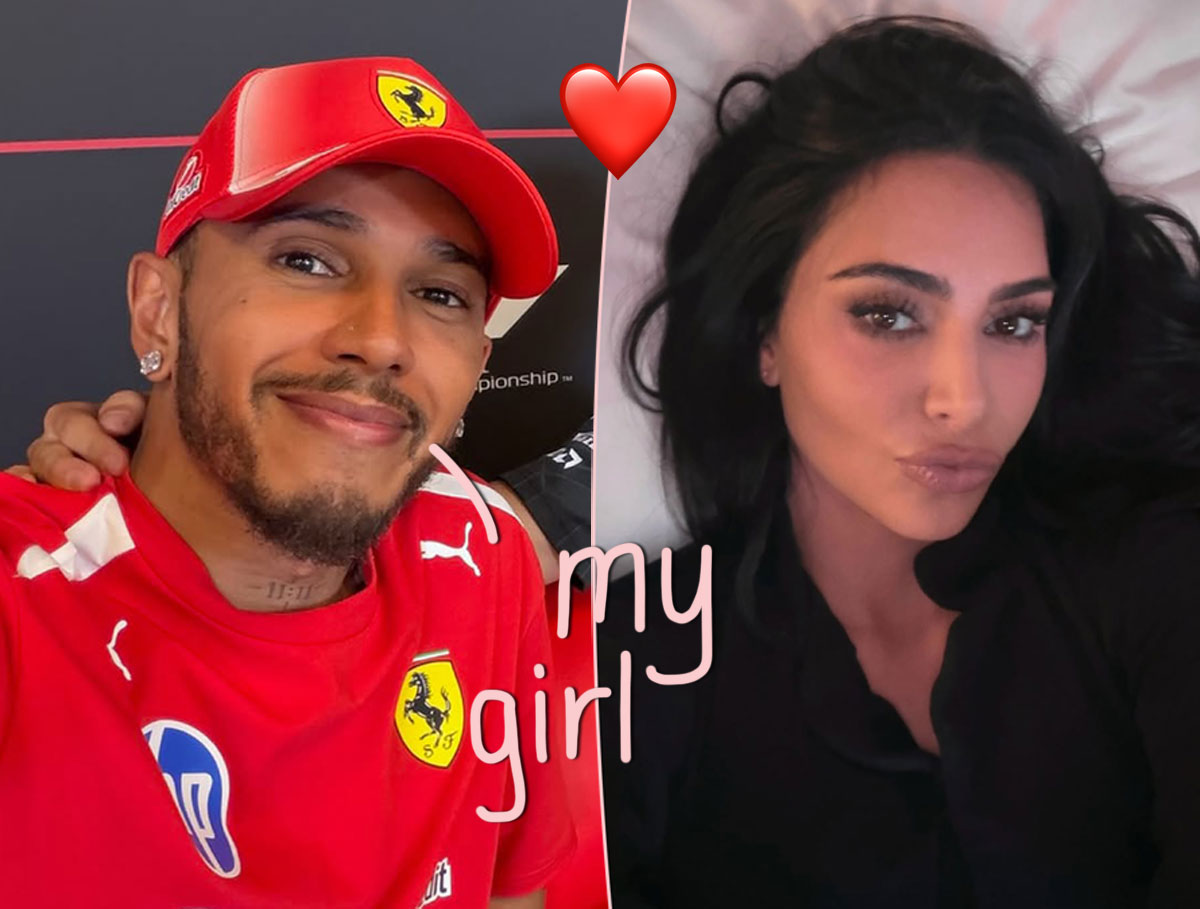 Kim Kardashian and Lewis Hamilton walking together on a beach at sunset