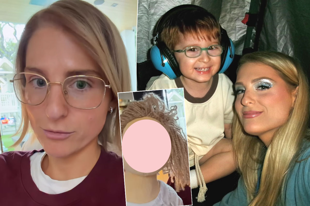 Meghan Trainor smiling in an Instagram video while showing off her custom plush doll
